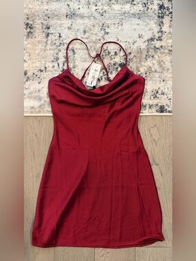 Dynamite Burgundy Satin Cowl Neck Strapless Dress
